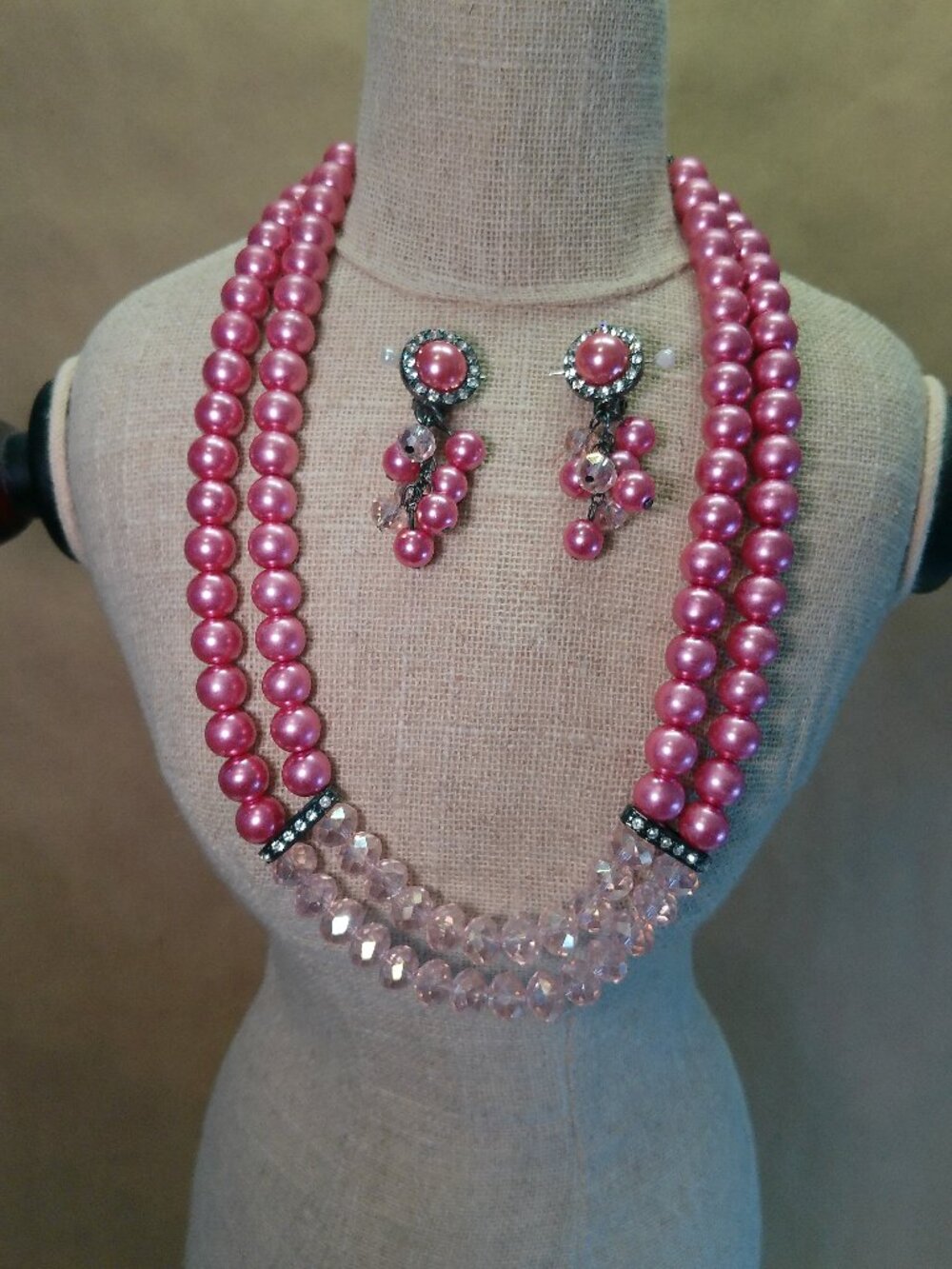 Necklace Set Pink Crystal & Faux Pearl Clip on Necklace Earrings Set